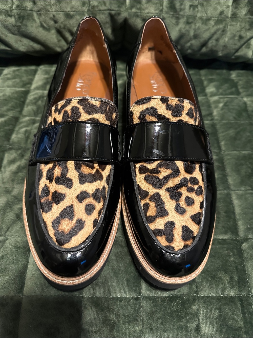 Franco Sarto Black Patent & Leopard Print Penny Loafers